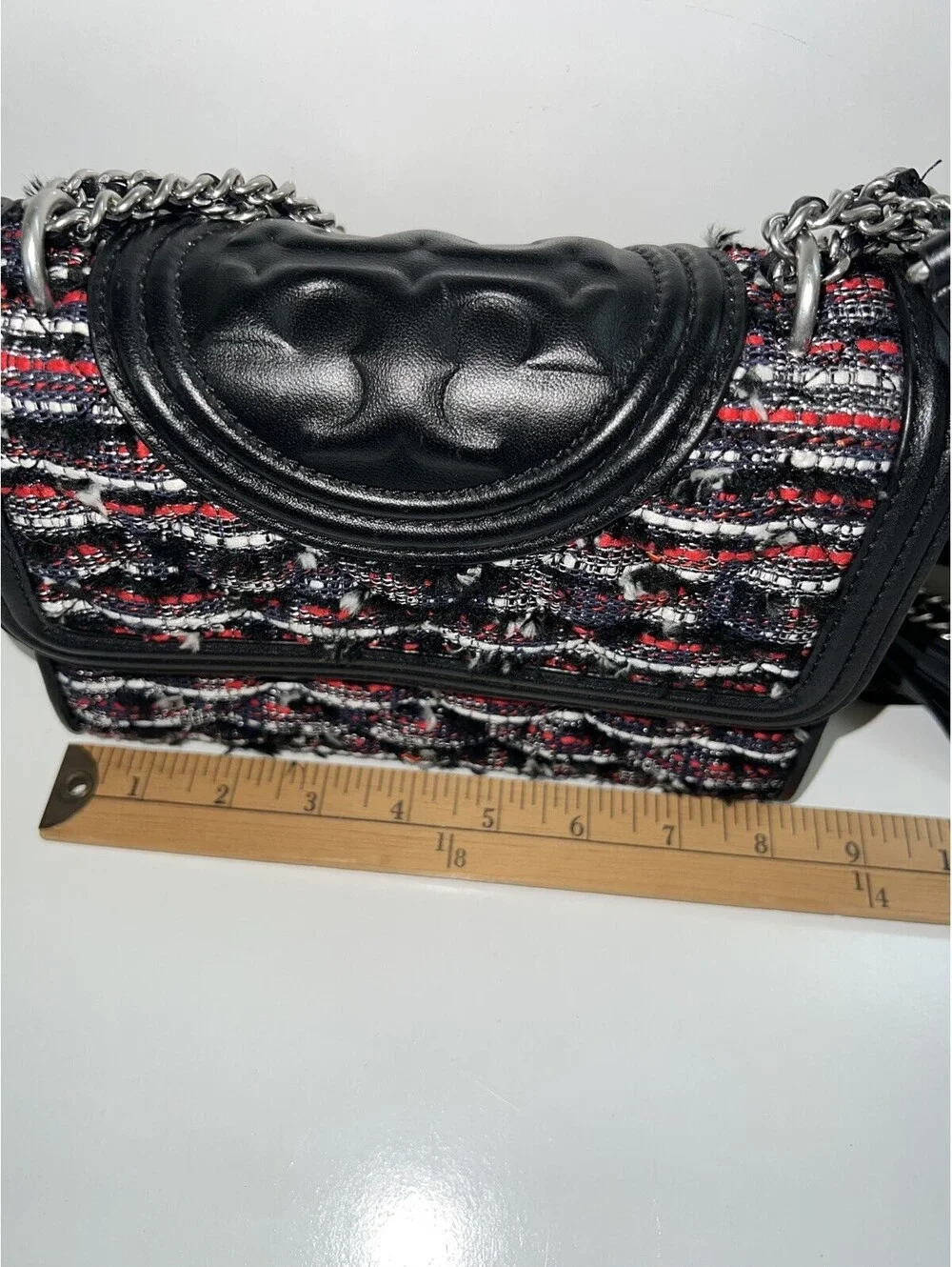 TORY BURCH Leather Logo Tweed Chain Crossbody Bag Women Black Tassel Charm